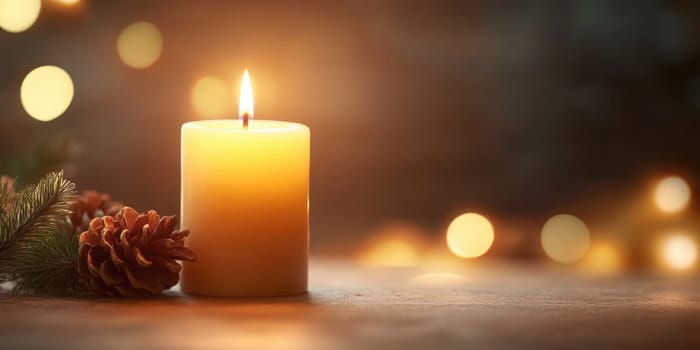 Christmas candle with soft glow and pinecone decoration for holiday ambiance.