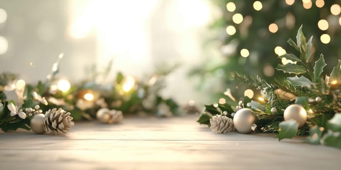 Elegant holiday sale background with soft pastel colors and festive decorations.