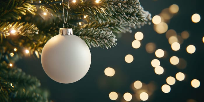 Elegant blank ornament on christmas tree branch with festive lights.