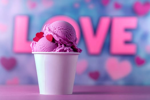 Studio shot of ice cream . LOVE text on isolated background..