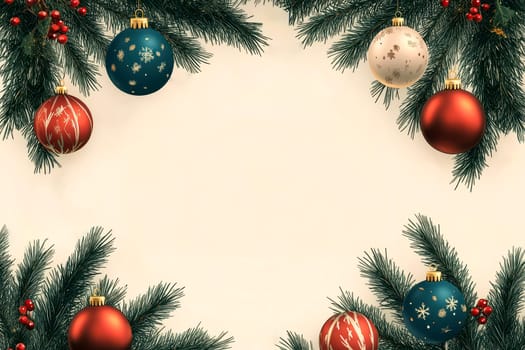 Christmas and new year winter background with blurred bokeh and pine tree branches with copy text space.