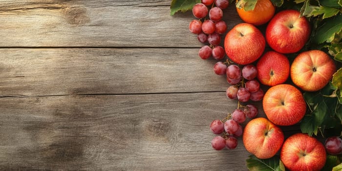 Sukkot celebration background with fresh fruits and rustic wooden texture.