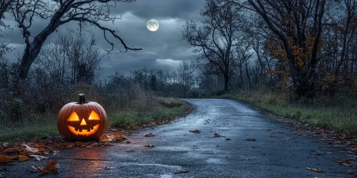 Eerie halloween night on a dark winding road with glowing jack o lantern under full moon.