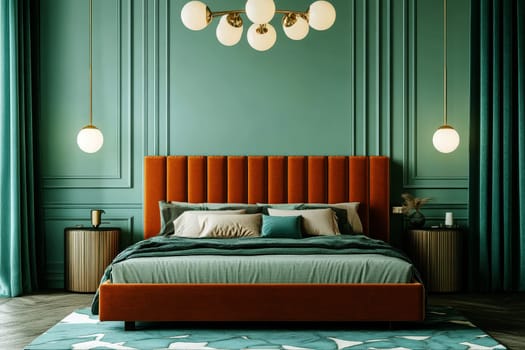 a stylish bedroom with a modern design, modern bedroom features a two-tone wall blending emerald green with soft mint, creating depth and visual appeal. High quality illustration
