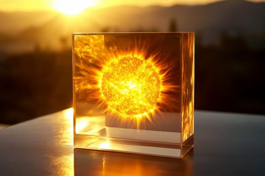 sun power energy in a clear box , bursting with radiating glow.