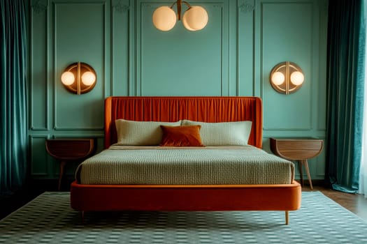 a stylish bedroom with a modern design, modern bedroom features a two-tone wall blending emerald green with soft mint, creating depth and visual appeal.