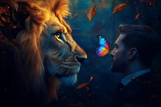 A man in a suit faces a majestic lion, symbolizing a powerful confrontation between human determination and nature's raw strength. ai generative.