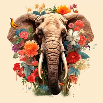 Elephant with a flowers. Holiday card with elephant. Ai art