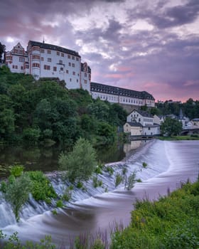 Panoramic image of historic buildings of Weilburg close to the Lahn river; Hesse; Germany