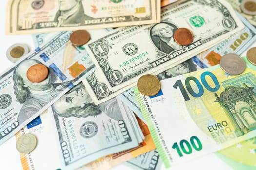 International currency money including euro, dollar, coin, dollar bill. Close-up
