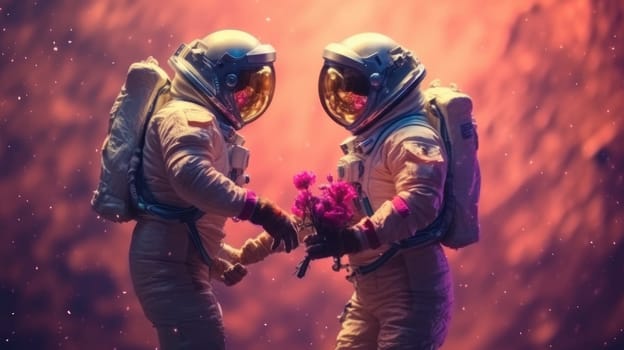 Astronaut couple holding each other's hands on space sky background, imagination of love passion fantasy. Generative AI image weber.