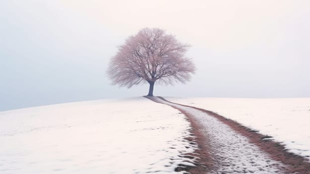 Lone lonely tree in winter snow and lake solitude, minimalist. Generative AI image weber.