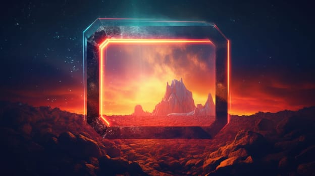 Glowing neon square frame over abstract landscape. Generative AI image weber.