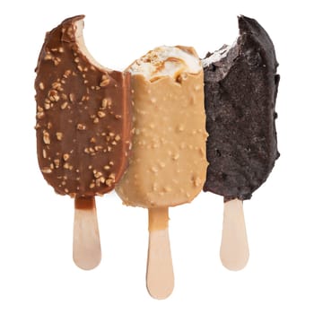 Chocolate ice cream on a stick isolated on a white background. Three portions of bitten ice cream in chocolate glaze of different sizes and different colors for insertion into the project.