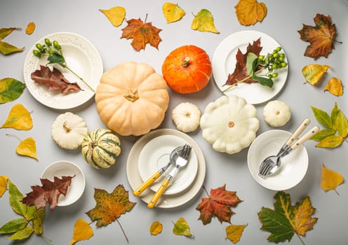 Thanksgiving festive table composition with different colourful pumpkins, autumn leaves, empty plates with cutlery on light grey background table ready for party and celebration..