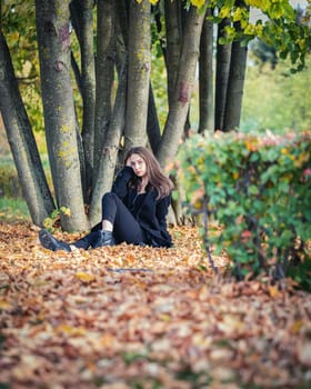 A beautiful girl sits by a tree on fallen leaves in an autumn park