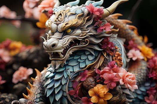 Chinese dragon, in the style of detailed multi-layered compositions, fantastic character colorful wood carvings, intricate floral arrangements, close-up, colorful bright background. ai generative art