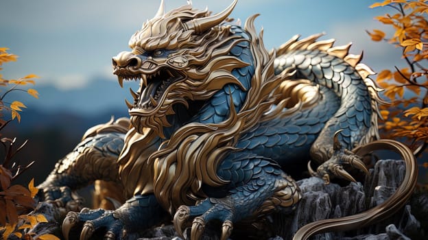 Chinese dragon, in the style of detailed multi-layered compositions, fantastic character colorful wood carvings, intricate floral arrangements, close-up, colorful bright background. ai generative art