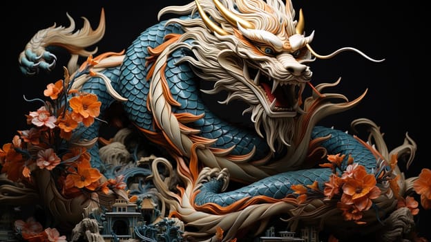 Chinese dragon, in the style of detailed multi-layered compositions, fantastic character colorful wood carvings, intricate floral arrangements, close-up, colorful bright background. ai generative art