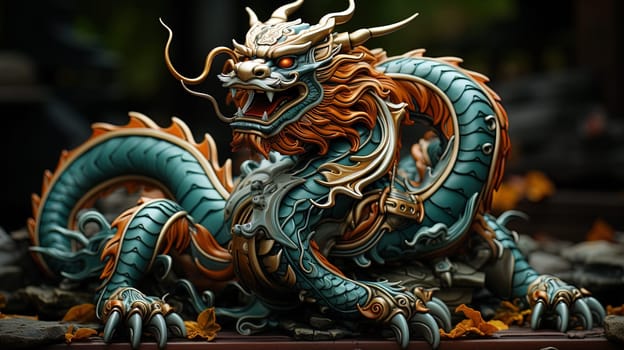 Chinese dragon, in the style of detailed multi-layered compositions, fantastic character colorful wood carvings, intricate floral arrangements, close-up, colorful bright background. ai generative art