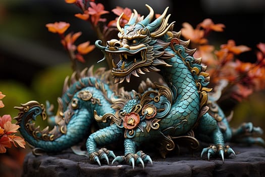 Chinese dragon, in the style of detailed multi-layered compositions, fantastic character colorful wood carvings, intricate floral arrangements, close-up, colorful bright background. ai generative art