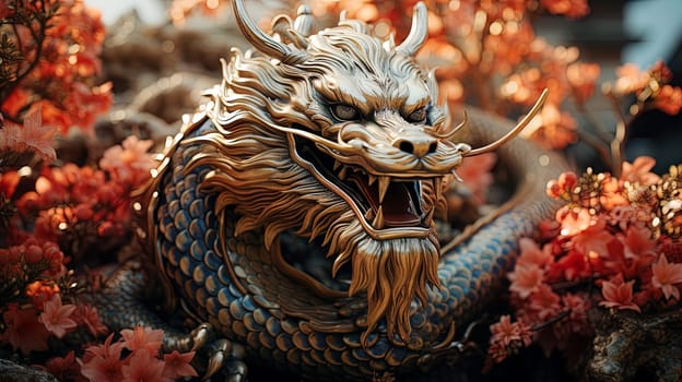 Chinese dragon, in the style of detailed multi-layered compositions, fantastic character colorful wood carvings, intricate floral arrangements, close-up, colorful bright background. ai generative art