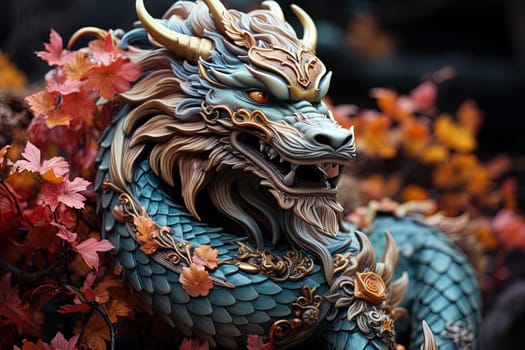 Chinese dragon, in the style of detailed multi-layered compositions, fantastic character colorful wood carvings, intricate floral arrangements, close-up, colorful bright background. ai generative art