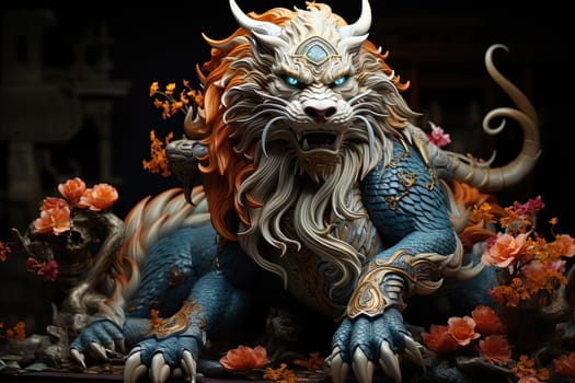 Chinese dragon, in the style of detailed multi-layered compositions, fantastic character colorful wood carvings, intricate floral arrangements, close-up, colorful bright background. ai generative art