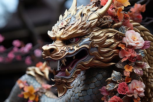 Chinese dragon, in the style of detailed multi-layered compositions, fantastic character colorful wood carvings, intricate floral arrangements, close-up, colorful bright background. ai generative art