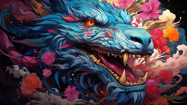 Fantastical dragon , in cartoon style, close-up, fantastic character, colorful bright background.ai generative art,