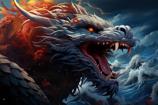 Japanese dragon, in cartoon style, close-up, fantastic character, colorful bright background.ai generative art,