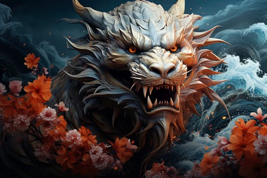 Japanese dragon, in cartoon style, close-up, fantastic character, colorful bright background.ai generative art,