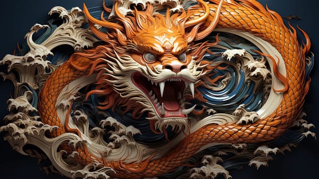 Chinese dragon, in the style of detailed multi-layered compositions, fantastic character colorful wood carvings, intricate floral arrangements, close-up, colorful bright background. ai generative art