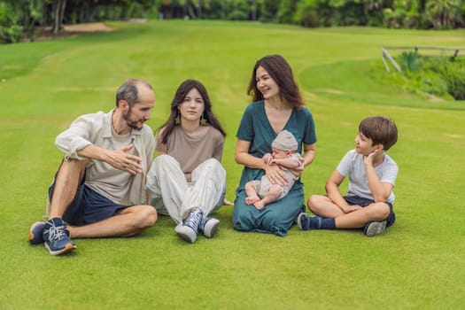 Happy couple in their 40s, surrounded by adult children, cradle a newborn in a sunlit park. Love, family, and generations in harmony.