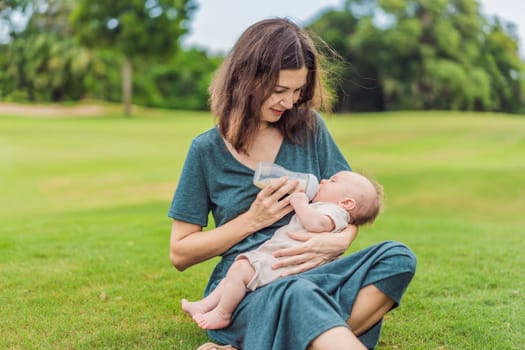 Mother holding and feeding baby from milk bottle in the park. Portrait of cute newborn baby being fed by her mother using bottle. Loving woman giving to drink milk to her boy.