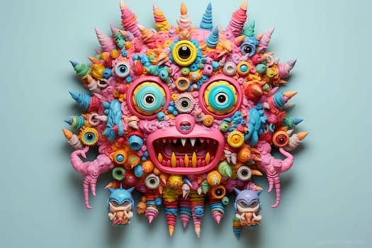 The monster on the wall is covered with candy, in the style of pop culture collages, organic sculptures, kombuchapunk, green and amber, vibrant, catcore, caninecore. Generative AI image weber.