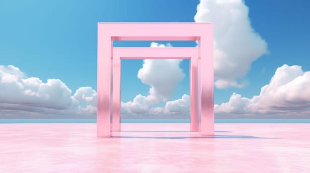 3d rendered Abstract aesthetic background. Surreal fantasy landscape. Water, pink desert, neon square shape chrome metallic gate under the blue sky with white clouds. Virtual reality wallpaper. Generative AI image weber.