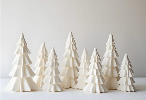 White pine tree figurines on white background, Scandinavian minimalism, elegant winter decor