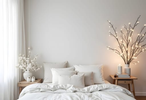 White Scandinavian minimalism room with garland, cozy holiday decor, modern Nordic interior