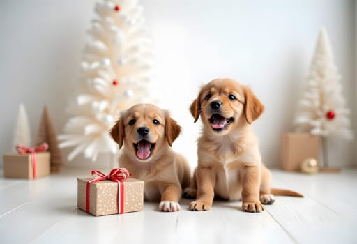 Two Labrador puppies with a gift in light Christmas interior, festive holiday joy with pets