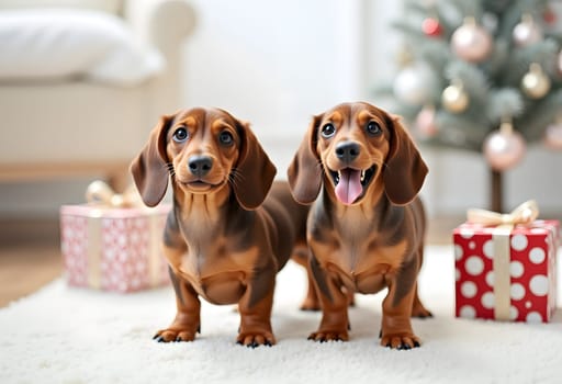 Two dachshunds with a gift in light Christmas interior, cozy holiday scene with pets