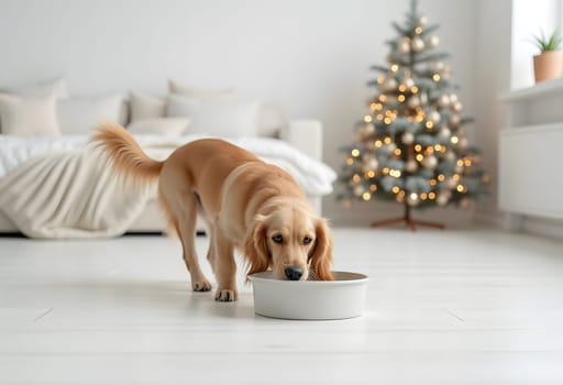 Dog drinking from bowl in light Christmas interior, cozy holiday moment with festive pet