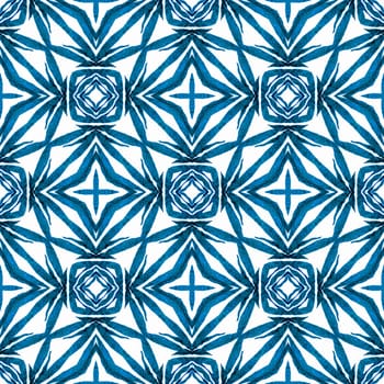 Medallion seamless pattern. Blue shapely boho chic summer design. Watercolor medallion seamless border. Textile ready amazing print, swimwear fabric, wallpaper, wrapping.