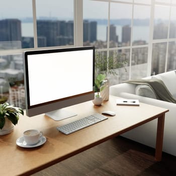 A 3D render of an urban workspace featuring a scenic view and modern design, highlighting trends in inspiring and stylish office spaces.