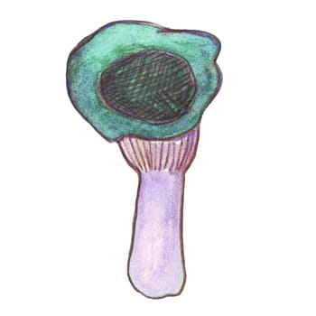 Watercolor illustration of a mushroom on a white background. Fabulous plants and mushrooms. Children's illustration. Colored pencils and watercolors.