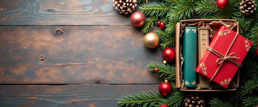 Book set with fir branches, ornaments, and lights for a cozy Christmas ambiance