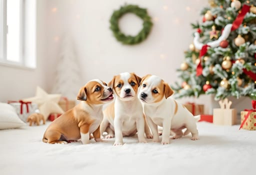 Three cute puppies in light Christmas interior, cozy holiday scene with playful pets