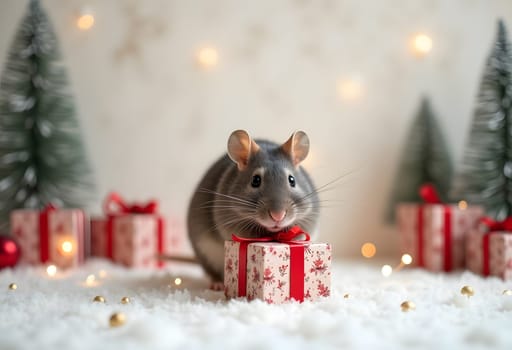 Mouse with a gift in light Christmas interior, whimsical holiday decor with cute animal