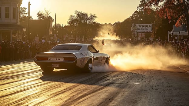 Powerful sports cars race through city streets at sunset, leaving a trail of smoke, thrilling spectators with high speed action