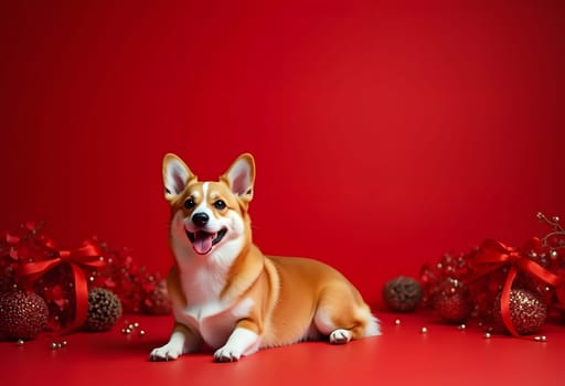 Corgi lounging in red Christmas interior with holiday decorations, cozy festive scene